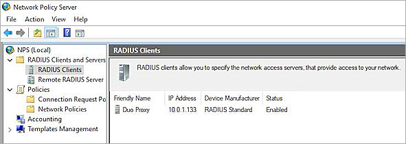 Screenshot of the NPS RADIUS client configuration